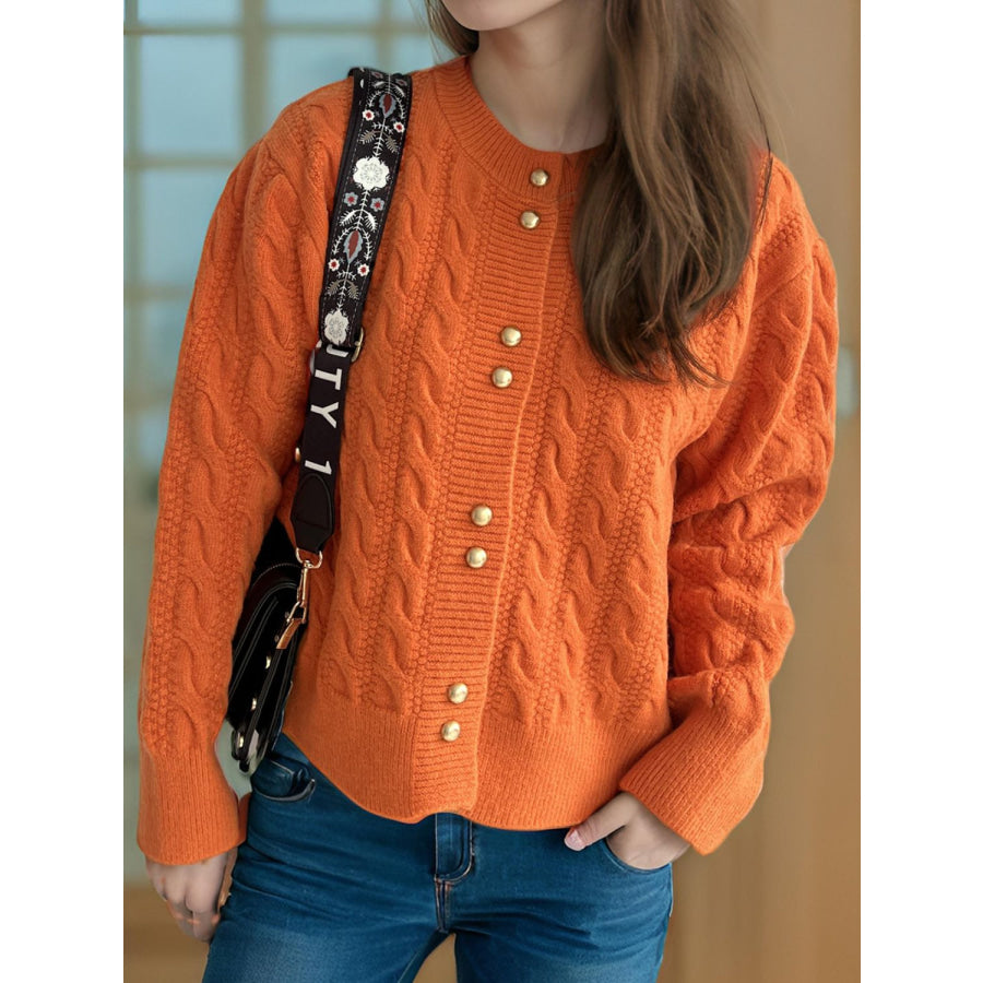 Cable-Knit Round Neck Long Sleeve Cardigan Apparel and Accessories