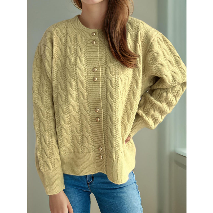 Cable-Knit Round Neck Long Sleeve Cardigan Apparel and Accessories