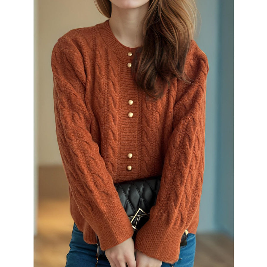 Cable-Knit Round Neck Long Sleeve Cardigan Apparel and Accessories