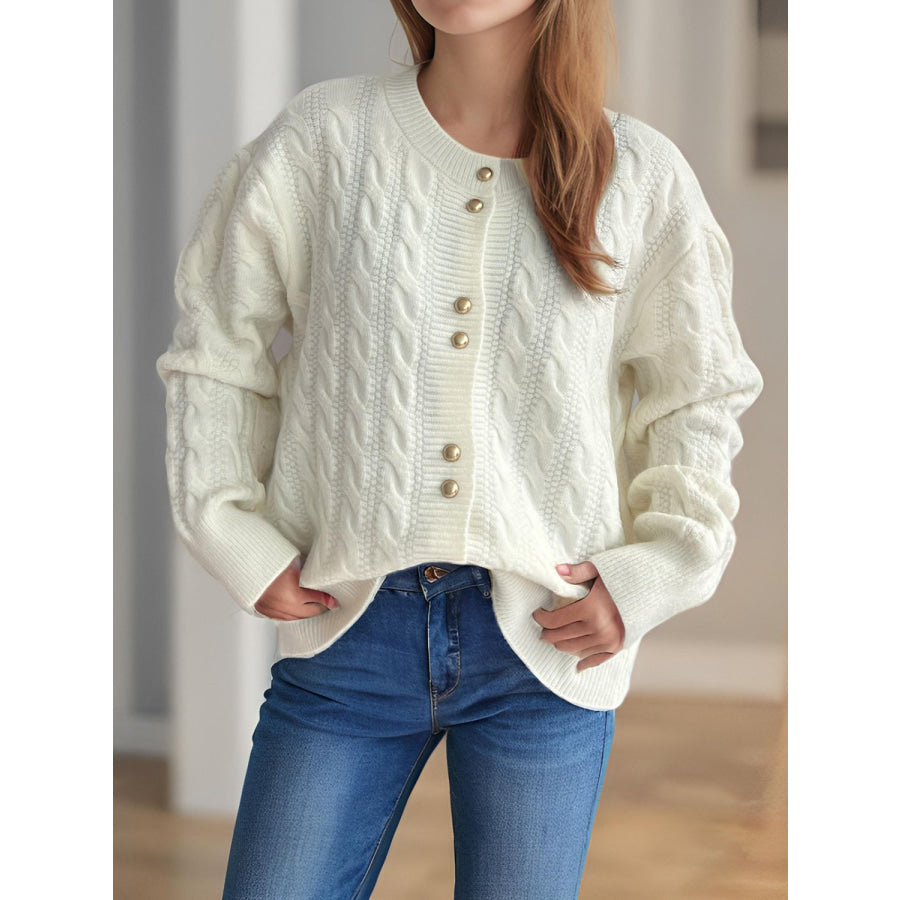 Cable-Knit Round Neck Long Sleeve Cardigan Apparel and Accessories