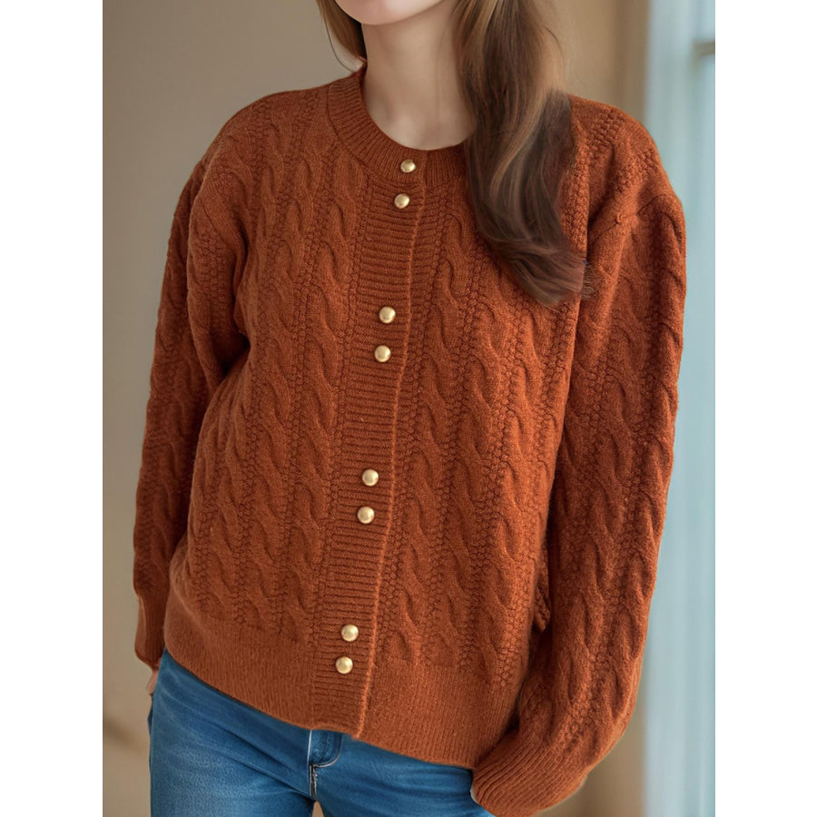 Cable-Knit Round Neck Long Sleeve Cardigan Apparel and Accessories