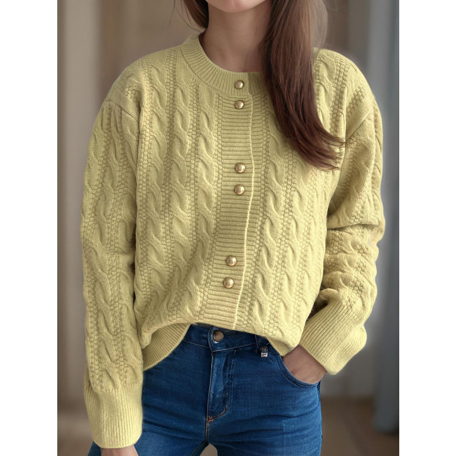 Cable-Knit Round Neck Long Sleeve Cardigan Apparel and Accessories