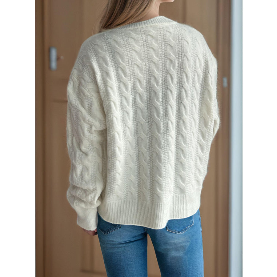 Cable-Knit Round Neck Long Sleeve Cardigan Apparel and Accessories