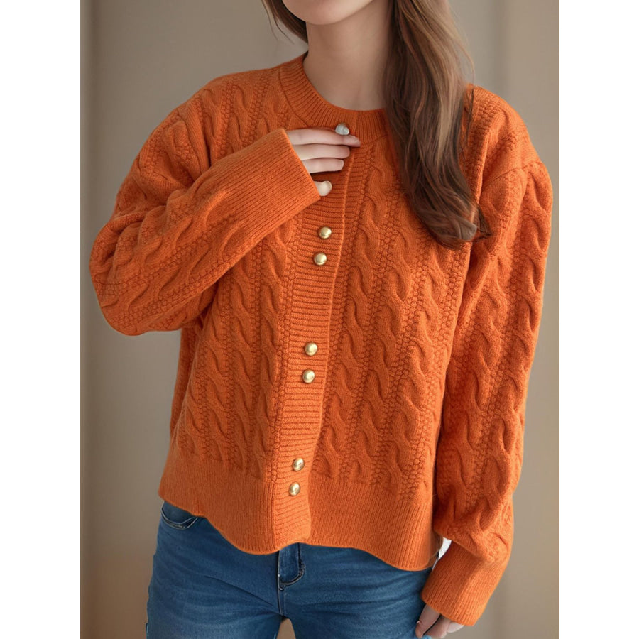 Cable-Knit Round Neck Long Sleeve Cardigan Apparel and Accessories