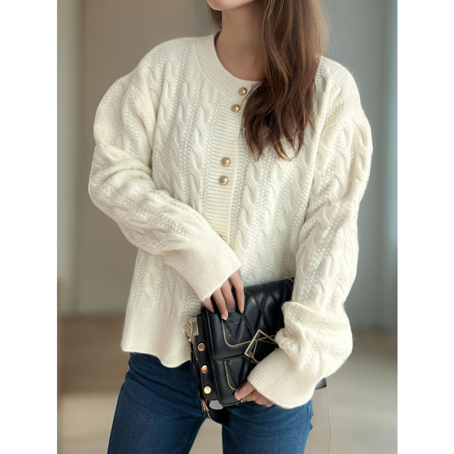 Cable-Knit Round Neck Long Sleeve Cardigan Apparel and Accessories