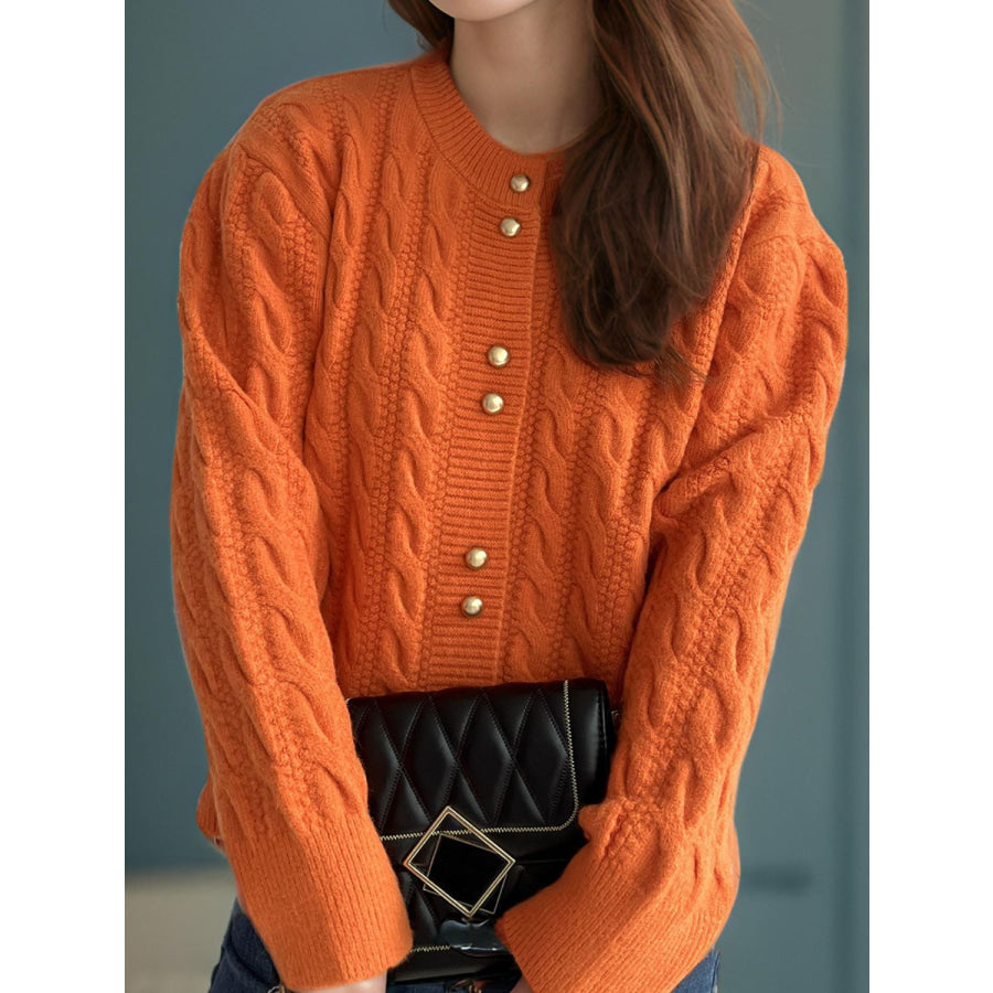 Cable-Knit Round Neck Long Sleeve Cardigan Apparel and Accessories