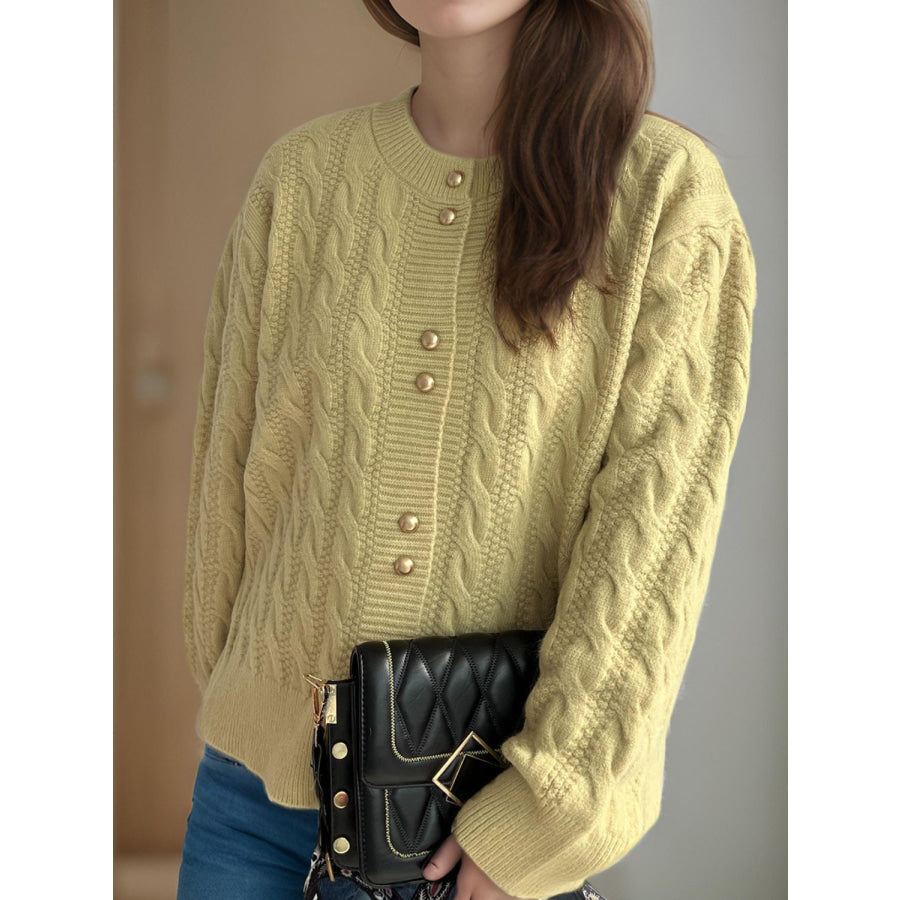 Cable-Knit Round Neck Long Sleeve Cardigan Apparel and Accessories