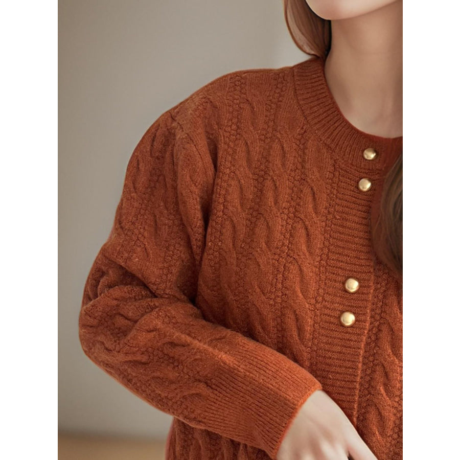 Cable-Knit Round Neck Long Sleeve Cardigan Apparel and Accessories