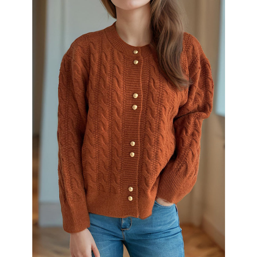 Cable-Knit Round Neck Long Sleeve Cardigan Caramel / One Size Apparel and Accessories