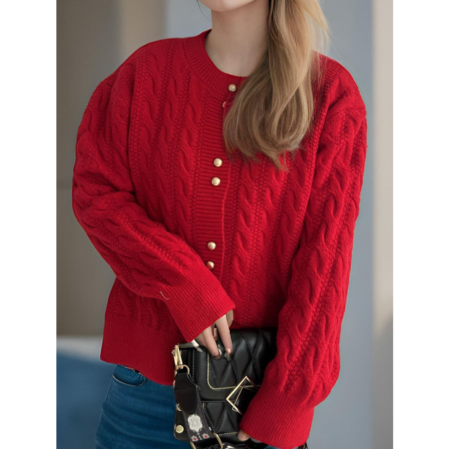 Cable-Knit Round Neck Long Sleeve Cardigan Deep Red / One Size Apparel and Accessories