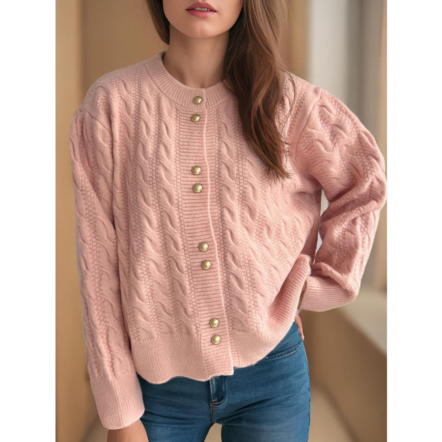 Cable-Knit Round Neck Long Sleeve Cardigan Dusty Pink / One Size Apparel and Accessories