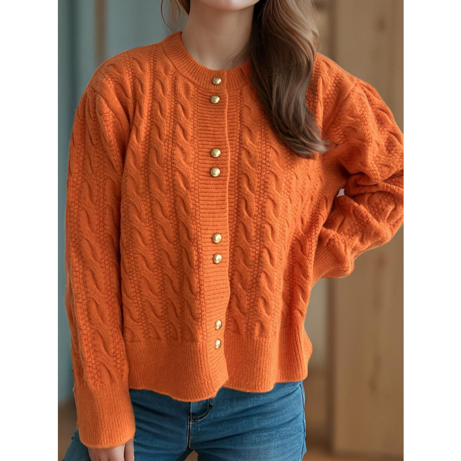 Cable-Knit Round Neck Long Sleeve Cardigan Orange / One Size Apparel and Accessories