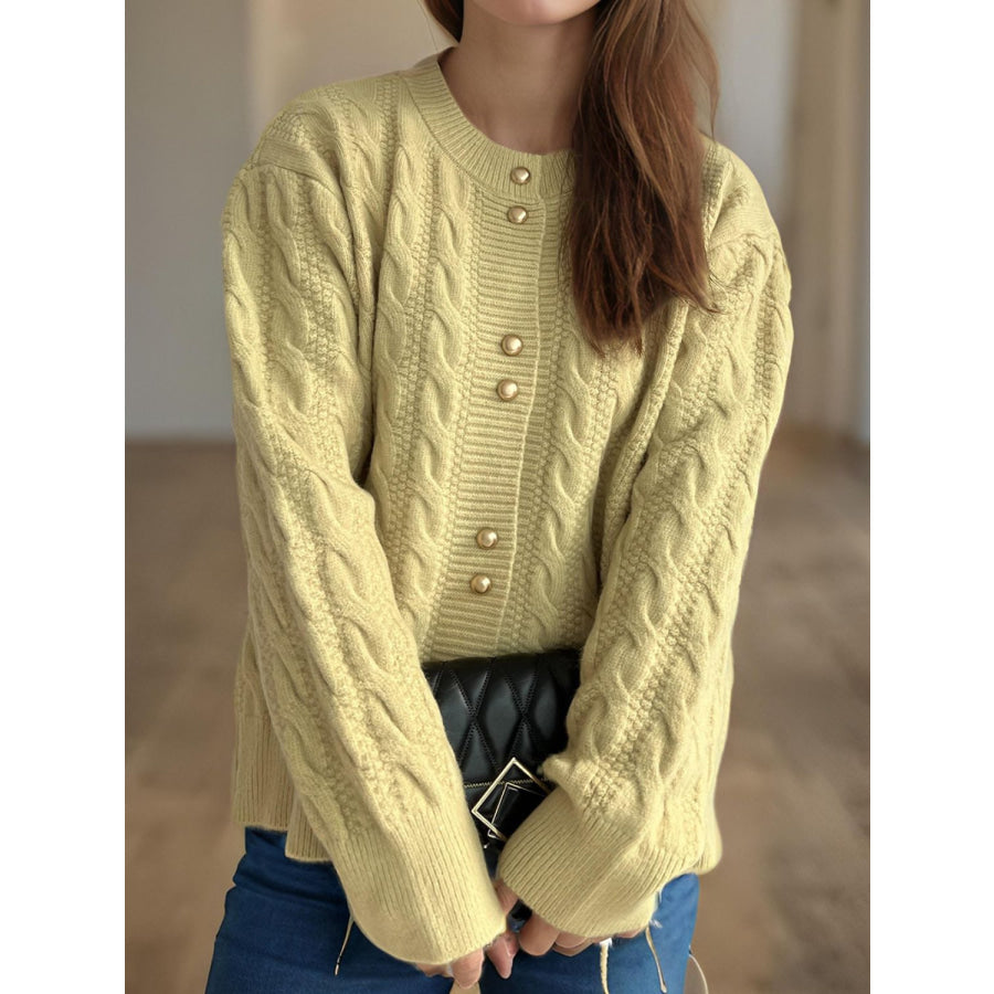 Cable-Knit Round Neck Long Sleeve Cardigan Pastel Yellow / One Size Apparel and Accessories