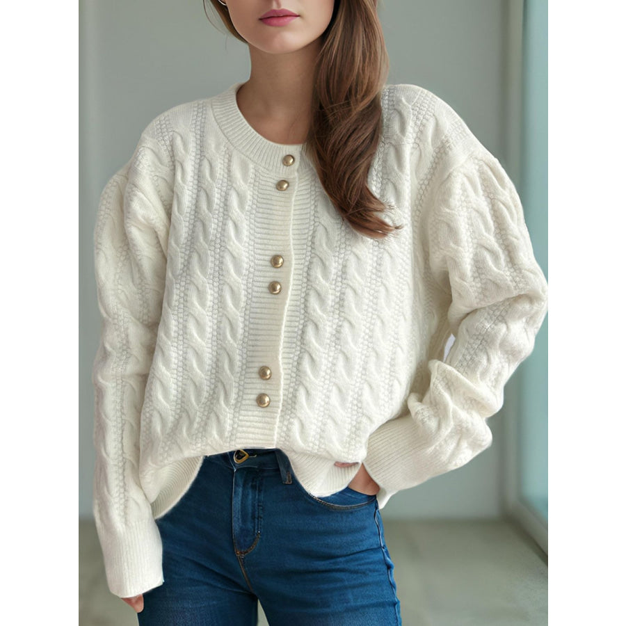 Cable-Knit Round Neck Long Sleeve Cardigan White / One Size Apparel and Accessories