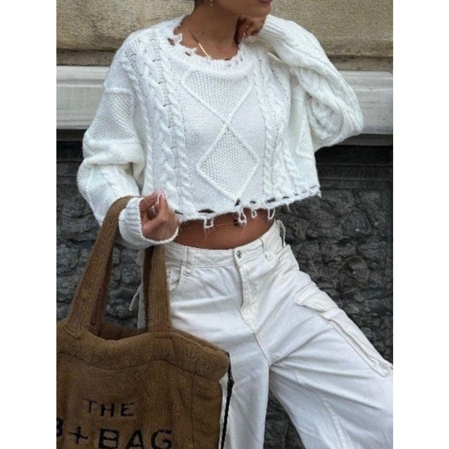 Cable-Knit Round Neck Long Sleeve Cropped Sweater Apparel and Accessories