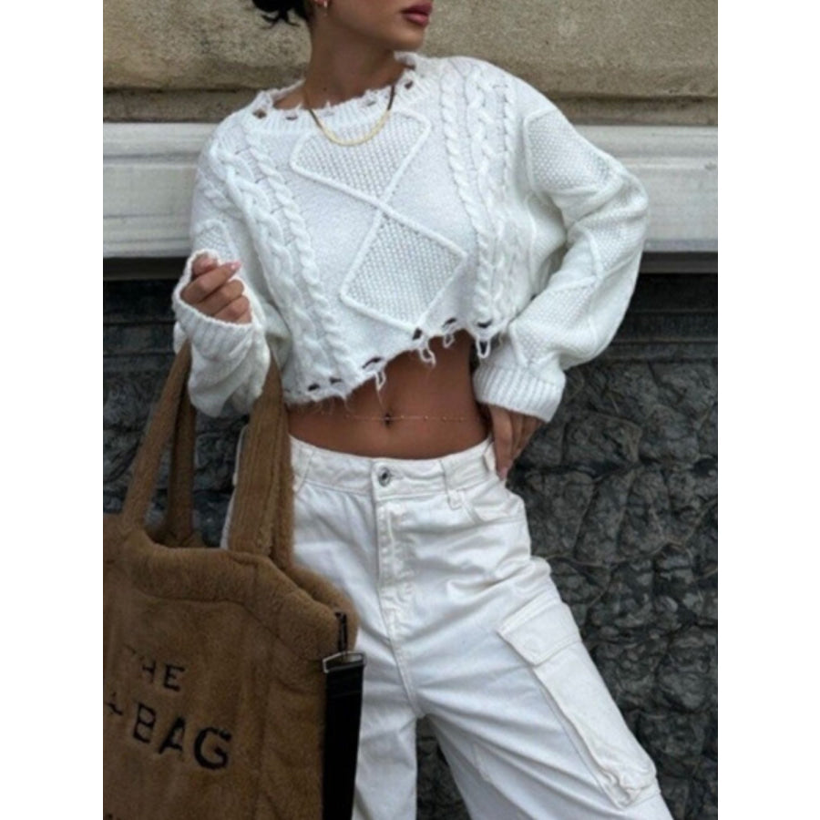 Cable-Knit Round Neck Long Sleeve Cropped Sweater Apparel and Accessories