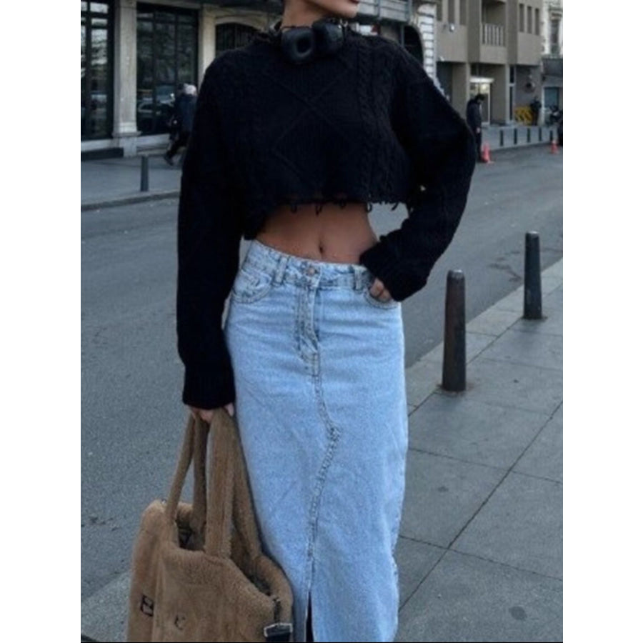 Cable-Knit Round Neck Long Sleeve Cropped Sweater Apparel and Accessories