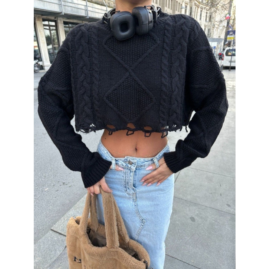 Cable-Knit Round Neck Long Sleeve Cropped Sweater Black / S Apparel and Accessories