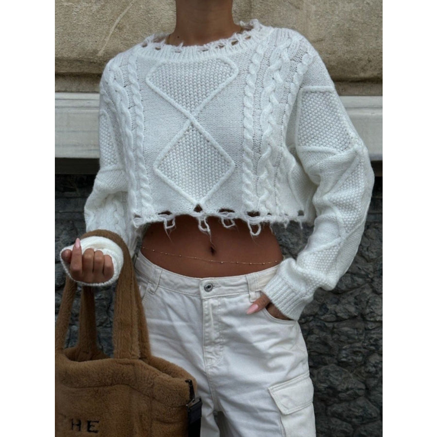 Cable-Knit Round Neck Long Sleeve Cropped Sweater White / S Apparel and Accessories