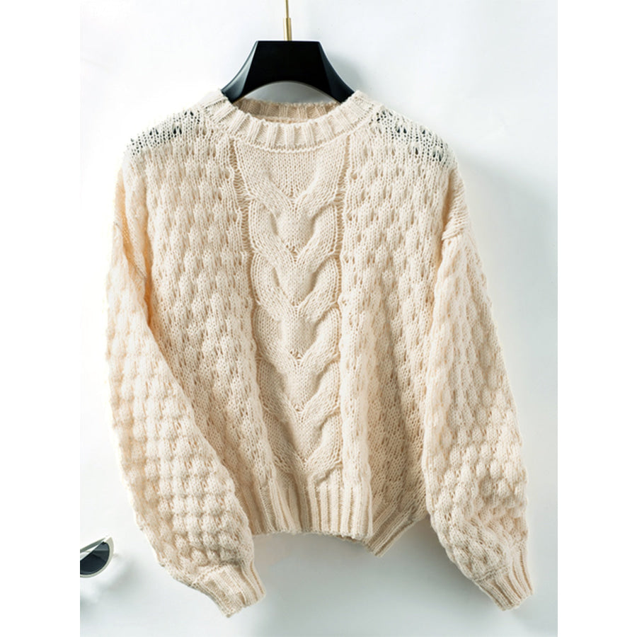 Cable-Knit Round Neck Long Sleeve Sweater Apparel and Accessories