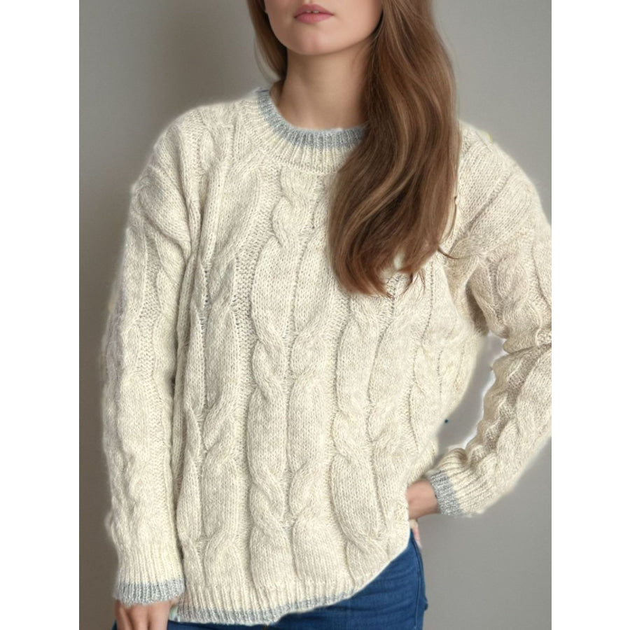 Cable Knit Round Neck Long Sleeve Sweater Apparel and Accessories