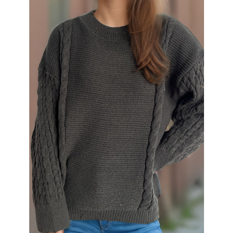 Cable-Knit Round Neck Long Sleeve Sweater Apparel and Accessories