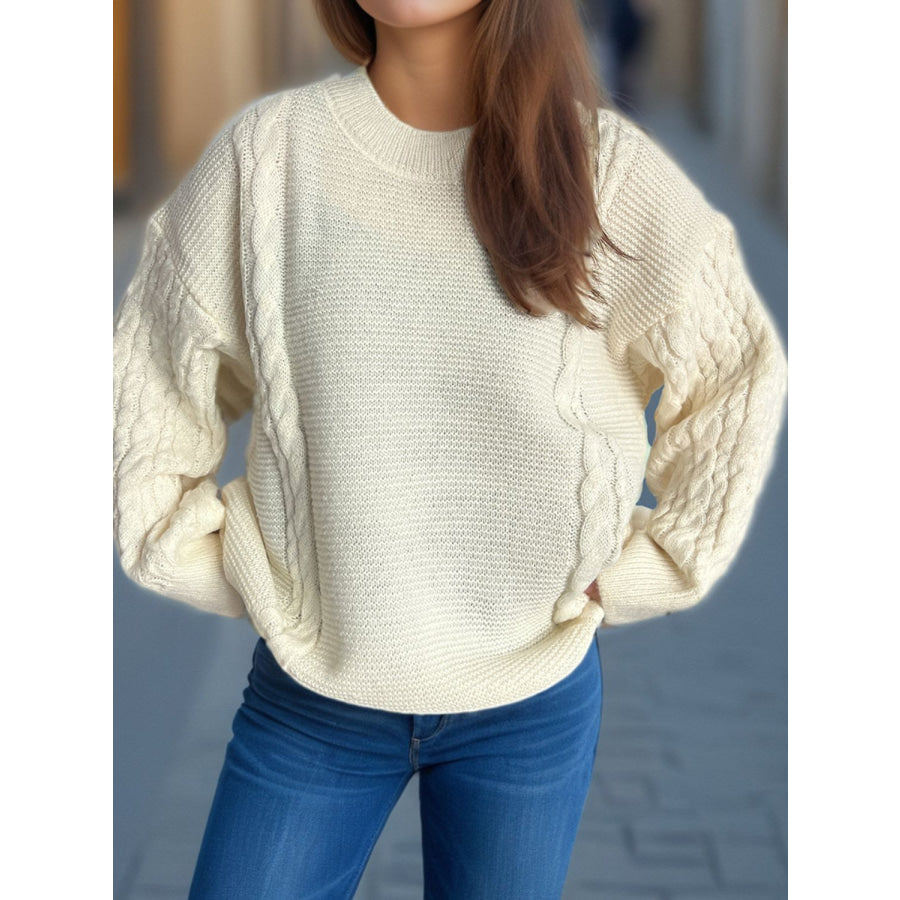 Cable-Knit Round Neck Long Sleeve Sweater Apparel and Accessories