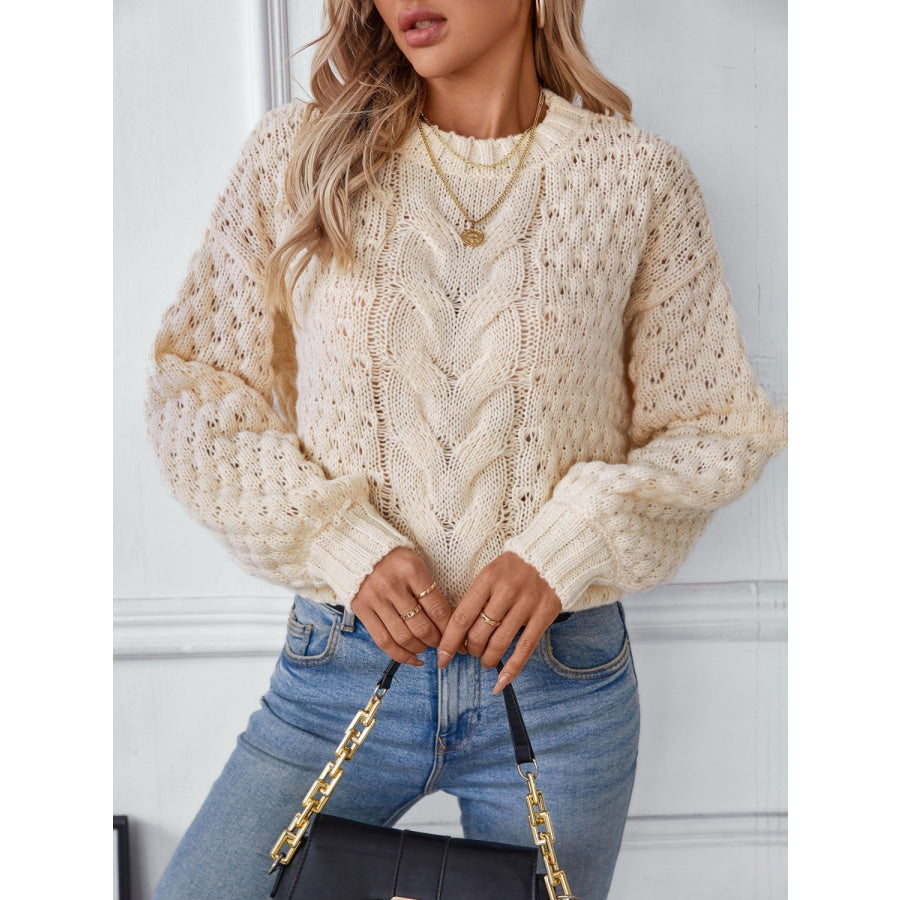 Cable-Knit Round Neck Long Sleeve Sweater Apparel and Accessories