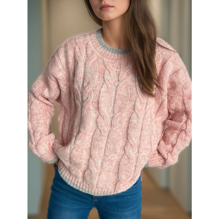 Cable Knit Round Neck Long Sleeve Sweater Watermelon pink / One Size Apparel and Accessories