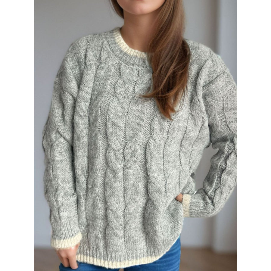 Cable Knit Round Neck Long Sleeve Sweater Apparel and Accessories