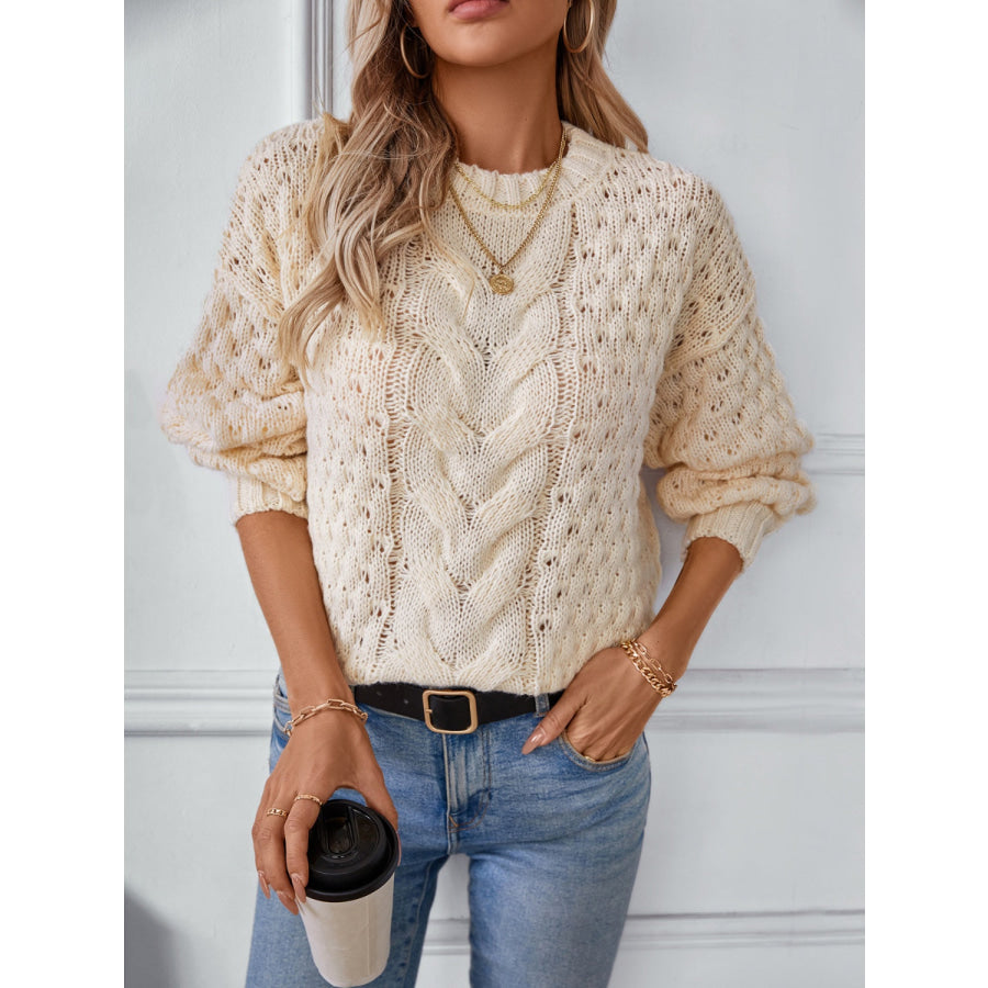 Cable-Knit Round Neck Long Sleeve Sweater Apparel and Accessories