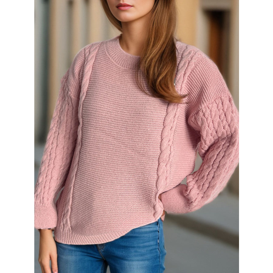 Cable-Knit Round Neck Long Sleeve Sweater Apparel and Accessories