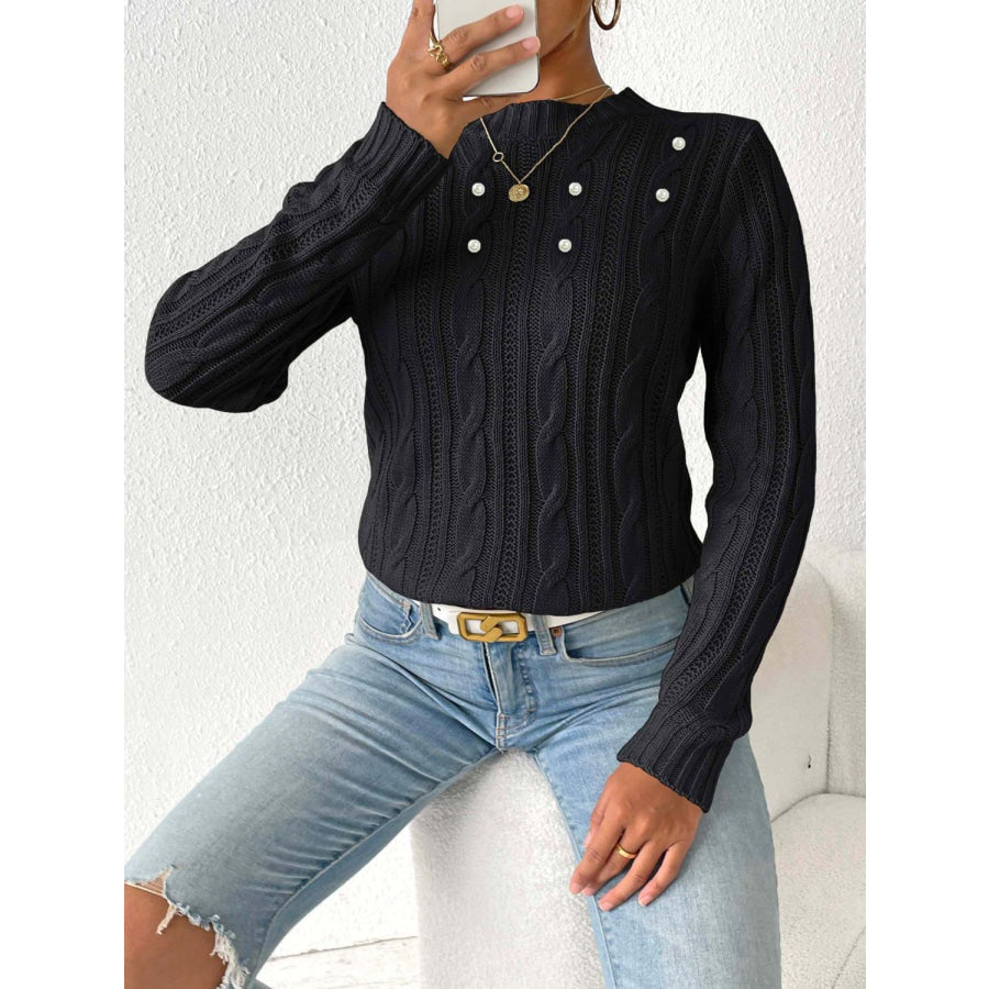 Cable-Knit Round Neck Long Sleeve Sweater Apparel and Accessories