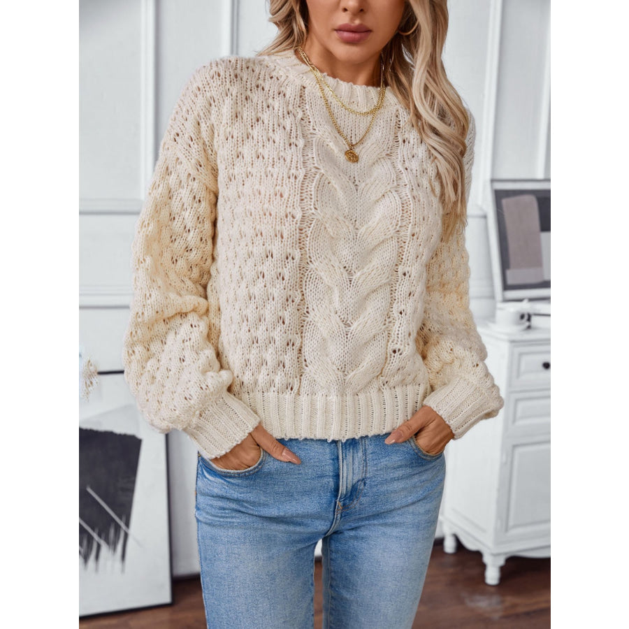 Cable-Knit Round Neck Long Sleeve Sweater Apparel and Accessories