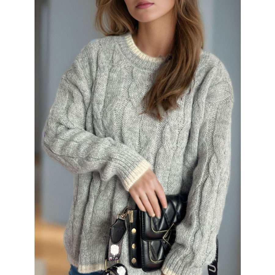 Cable Knit Round Neck Long Sleeve Sweater Apparel and Accessories