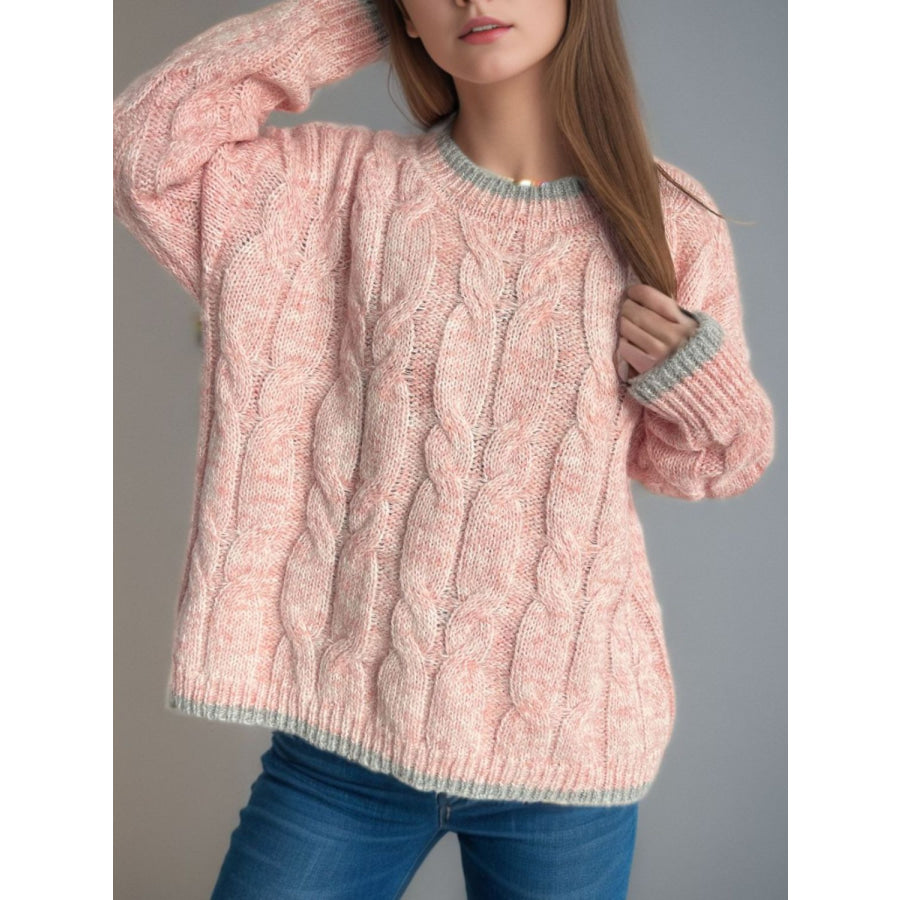 Cable Knit Round Neck Long Sleeve Sweater Apparel and Accessories