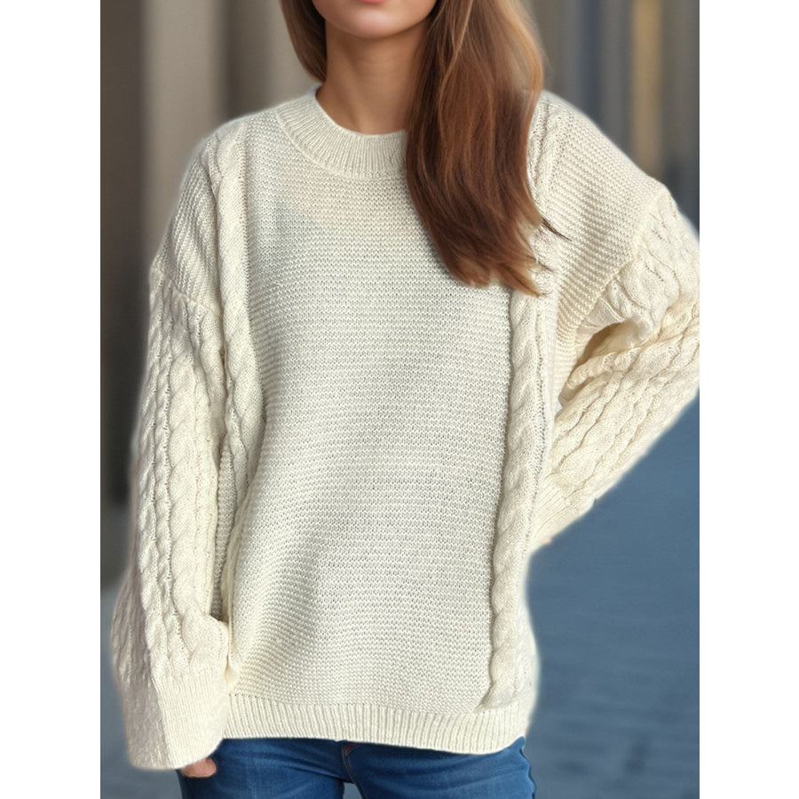 Cable-Knit Round Neck Long Sleeve Sweater Apparel and Accessories