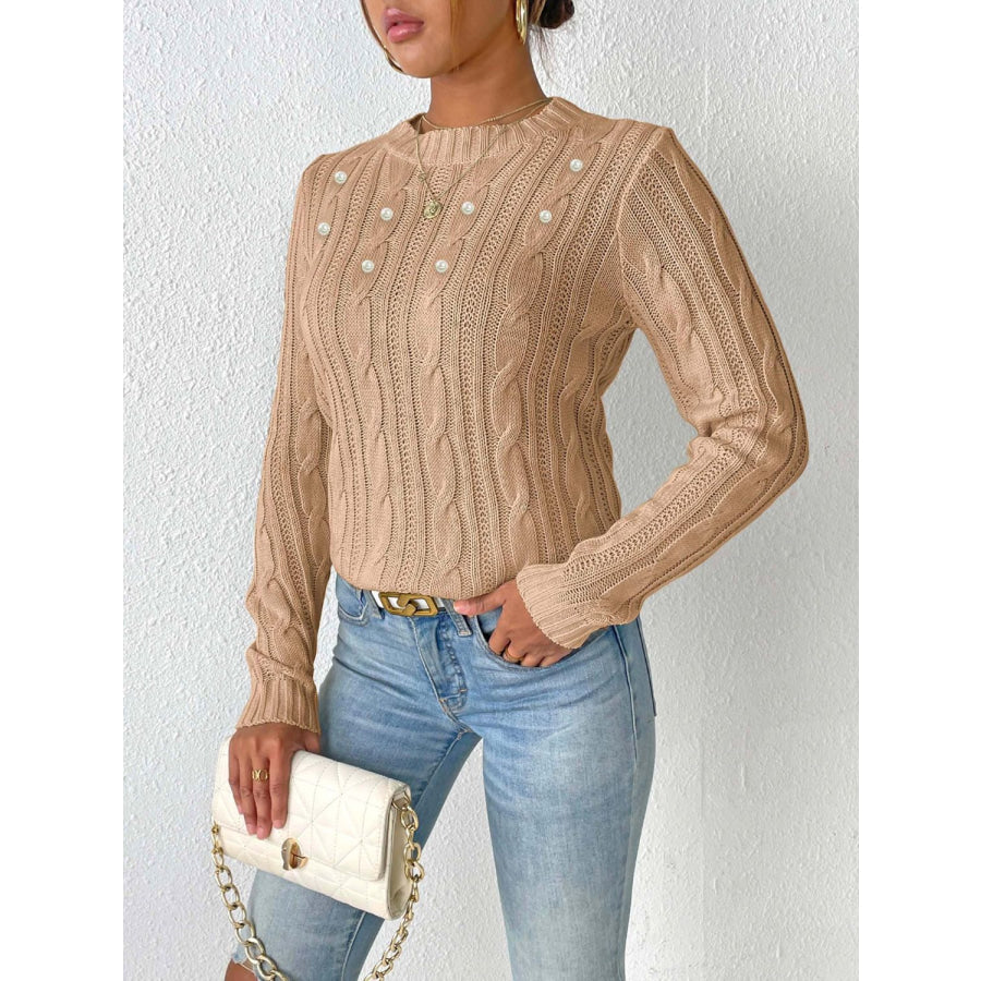 Cable-Knit Round Neck Long Sleeve Sweater Apparel and Accessories