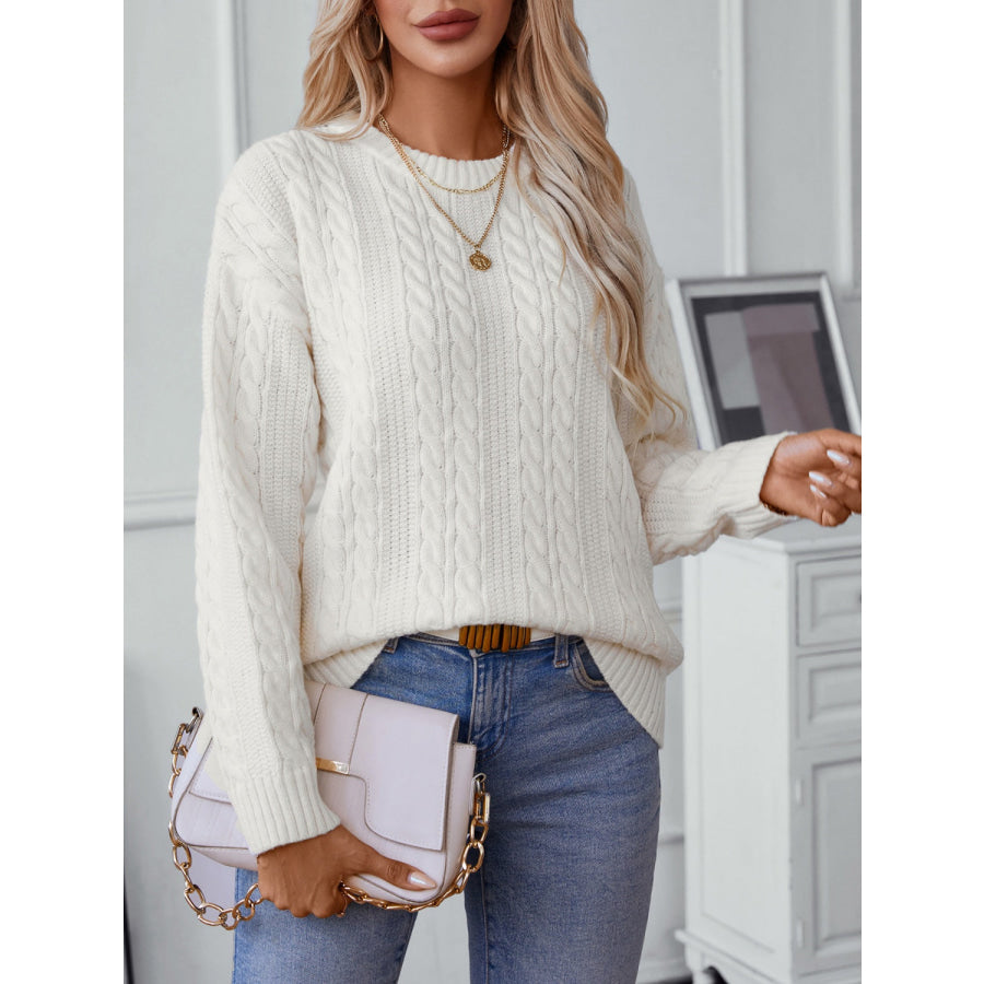 Cable-Knit Round Neck Long Sleeve Sweater Apparel and Accessories