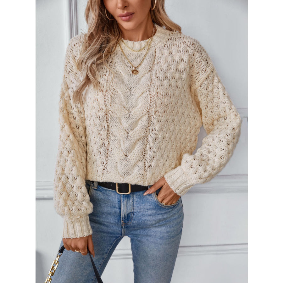 Cable-Knit Round Neck Long Sleeve Sweater Tan / S Apparel and Accessories