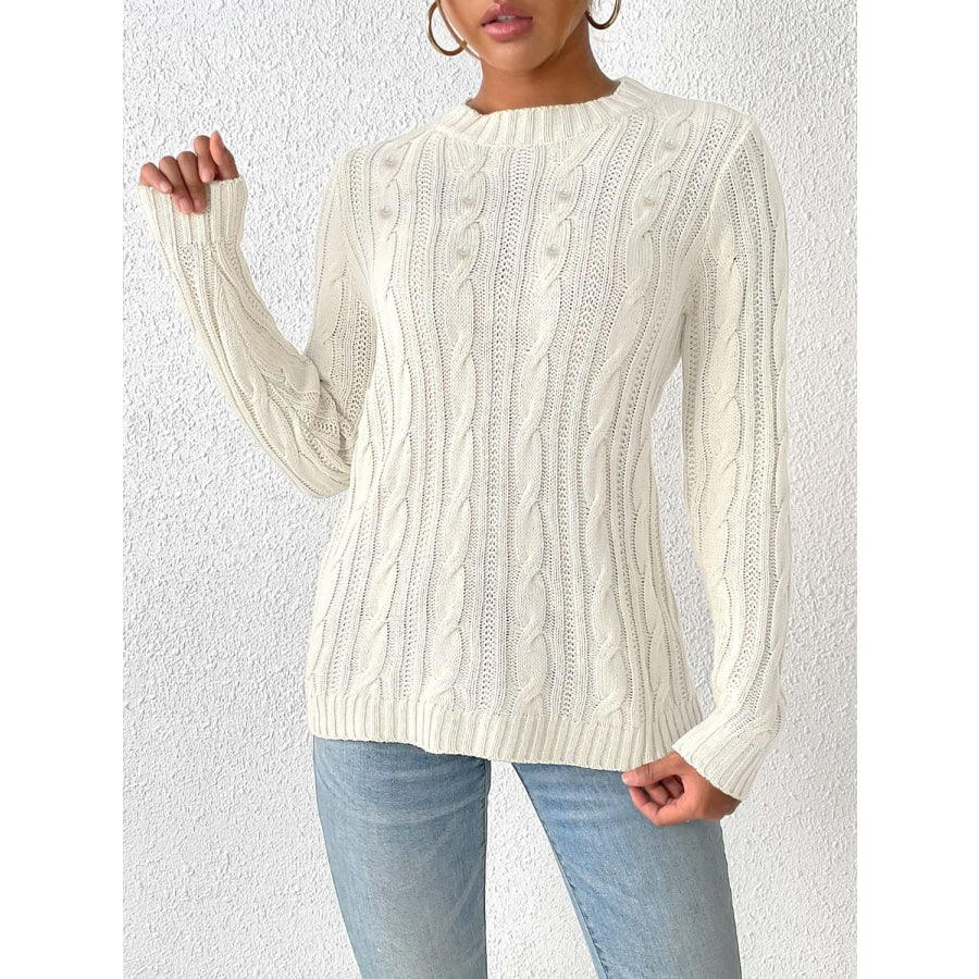 Cable-Knit Round Neck Long Sleeve Sweater Apparel and Accessories