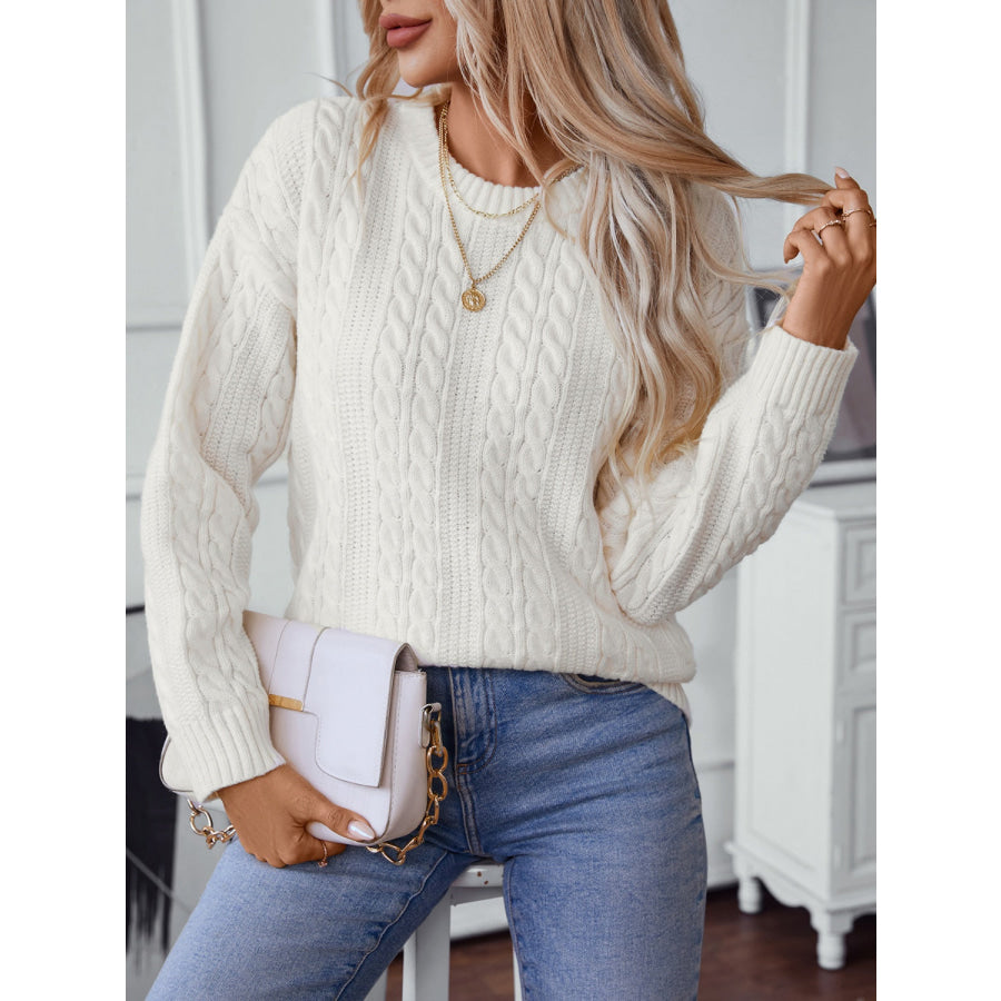 Cable-Knit Round Neck Long Sleeve Sweater Apparel and Accessories