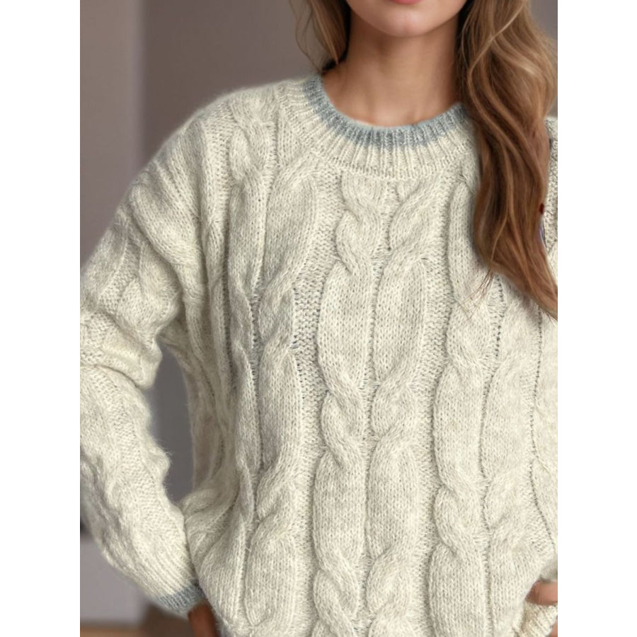 Cable Knit Round Neck Long Sleeve Sweater Apparel and Accessories