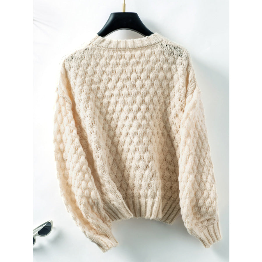 Cable-Knit Round Neck Long Sleeve Sweater Apparel and Accessories