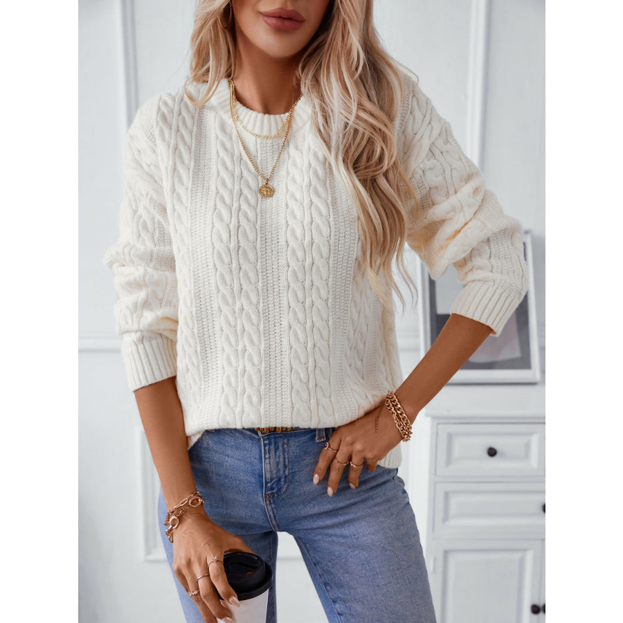 Cable-Knit Round Neck Long Sleeve Sweater Apparel and Accessories