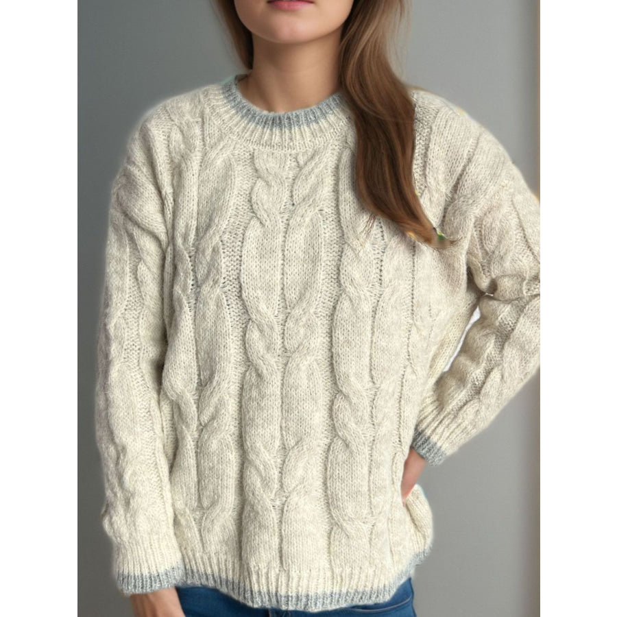 Cable Knit Round Neck Long Sleeve Sweater Apparel and Accessories