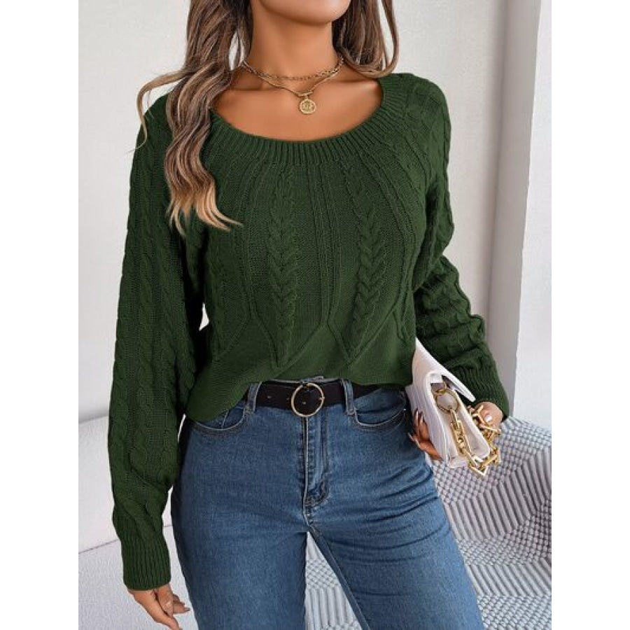 Cable-Knit Round Neck Long Sleeve Sweater Army Green / S Clothing