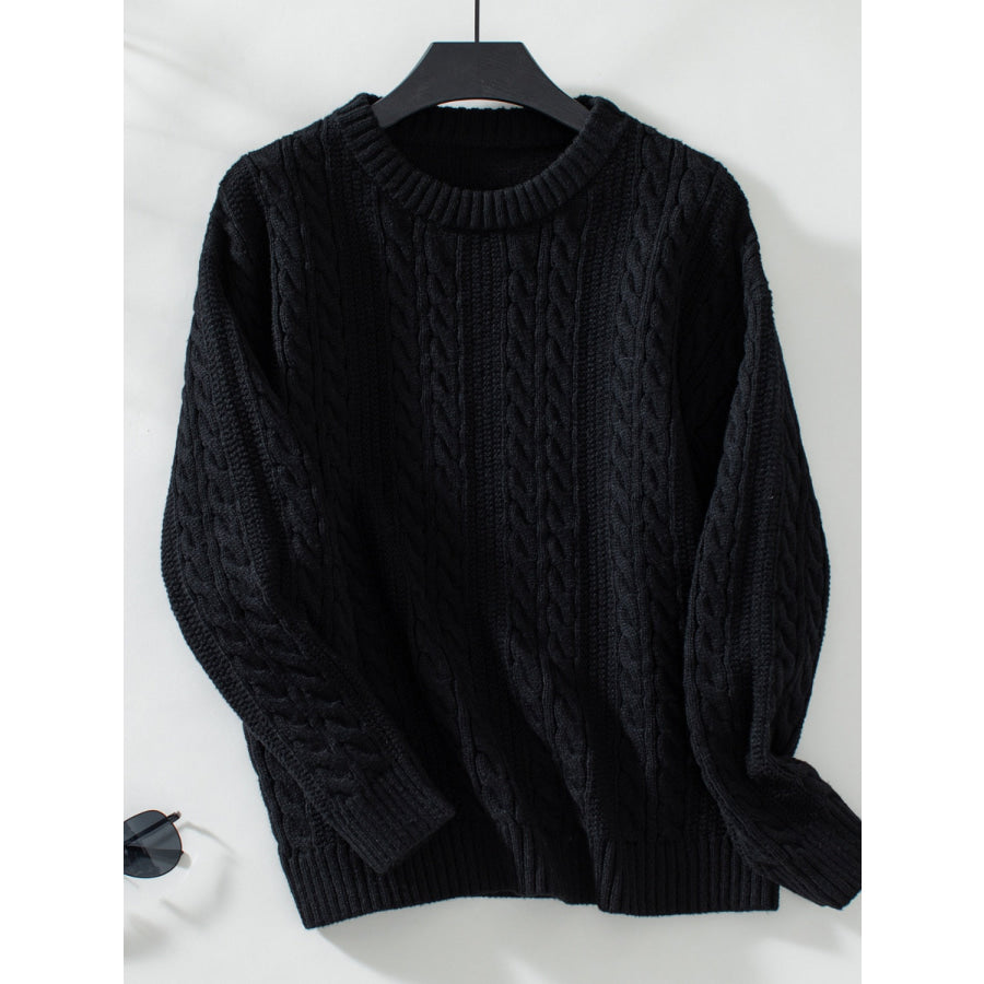 Cable-Knit Round Neck Long Sleeve Sweater Black / S Apparel and Accessories