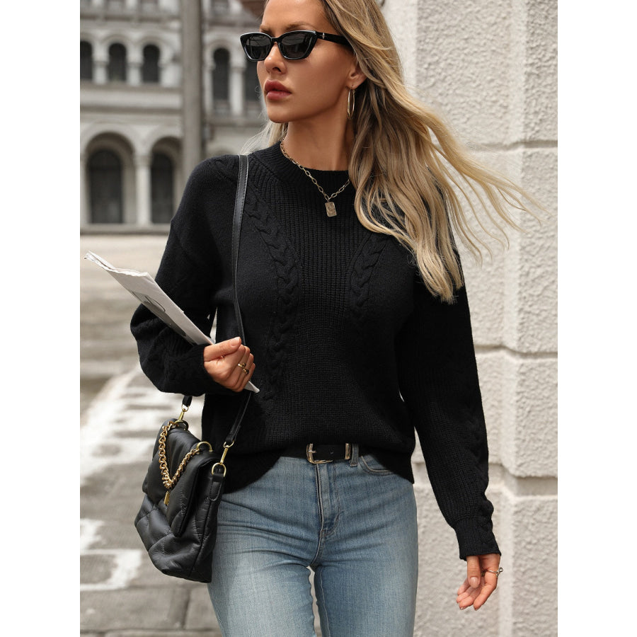 Cable-Knit Round Neck Long Sleeve Sweater Black / S Apparel and Accessories