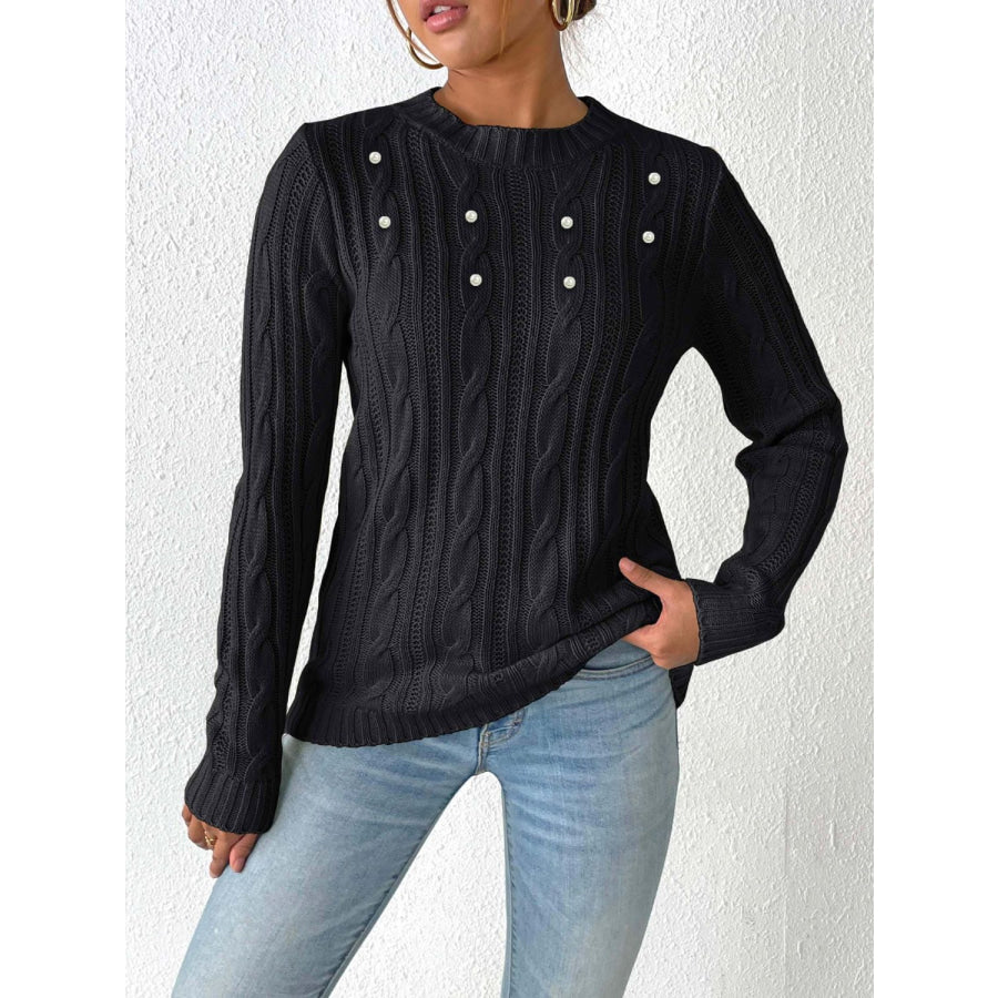 Cable-Knit Round Neck Long Sleeve Sweater Black / S Apparel and Accessories